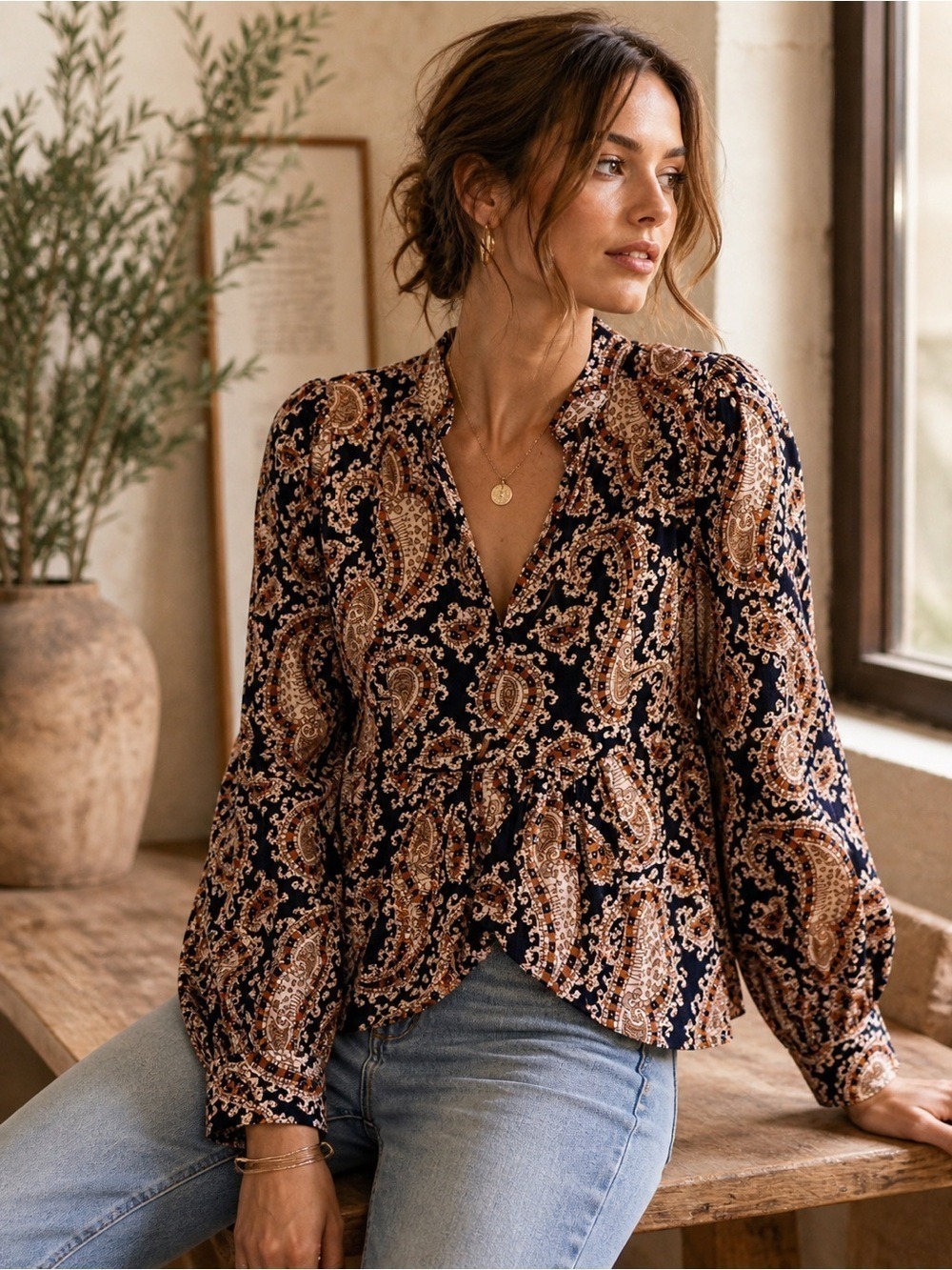 Banana Republic Paisley Boho Blouse XS Navy Rust Peplum Top